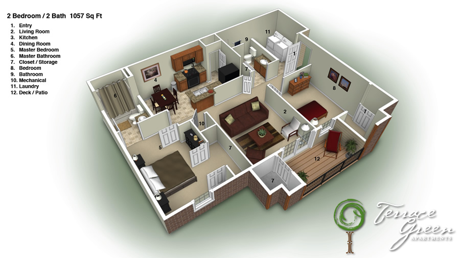 2 Bedroom / 2 Bath - 1057 Sq. Ft. - From $750/month 