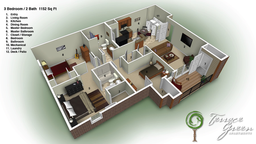 3 Bedroom / 2 Bath - 1152 Sq. Ft. - From $850/month